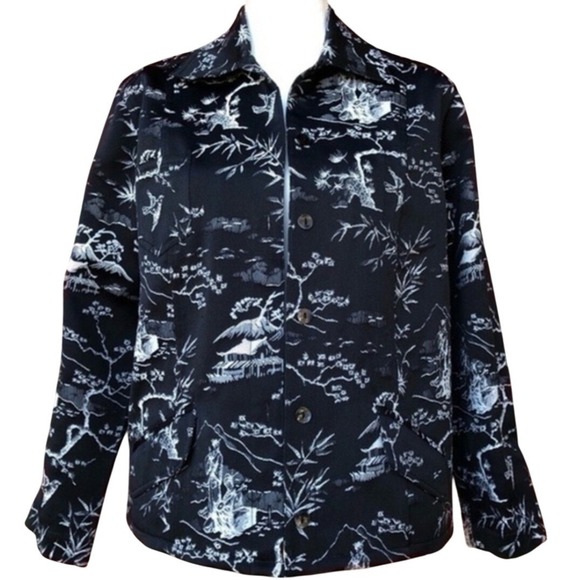 Chico's Toile Print Jacket Women's Size 3 Black White Asian Inspired Hawaii - Picture 1 of 16